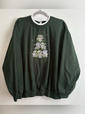 Morning Sun Women’s Green Xmas Owl Graphic Fleece Sweatshirt 2XL Grandmacore